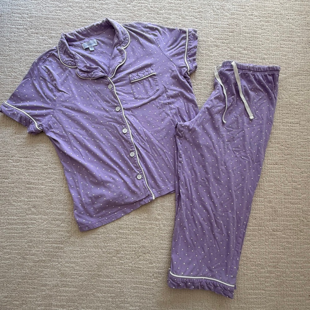 PajamaGram Purple Polka Dot Pajama Set Cotton Short Sleeve Crop Pants L Cozy
